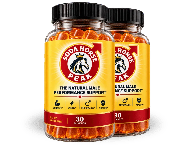 Soda Horse Peak two-bottle package showing the 30-gummy male performance support label