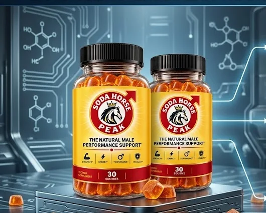 Soda Horse Peak honey gummy bottles photographed on a laboratory bench
